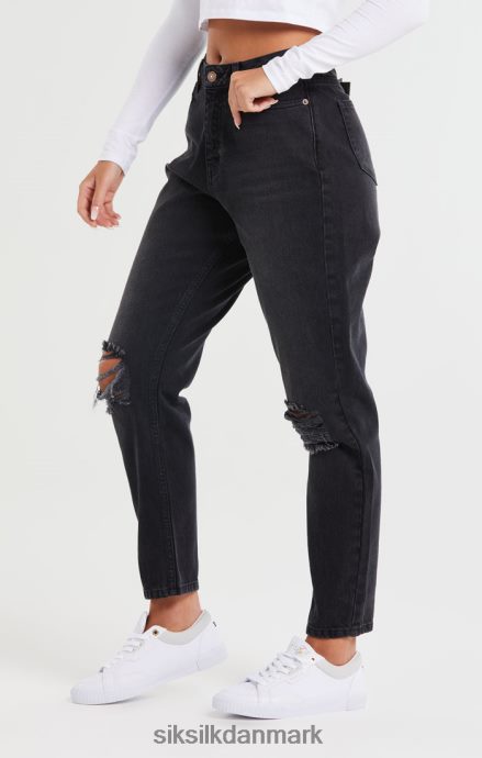 beklædning SikSilk vasket sort knee rip denim mom jean Kvinder 862RF4191