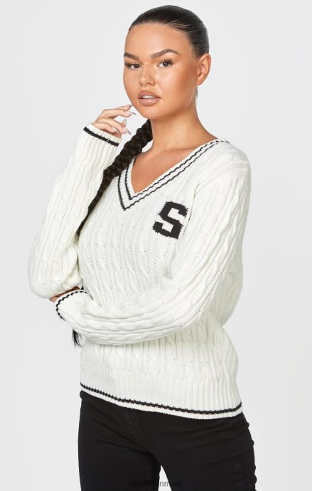 beklædning SikSilk ecru varsity kabelstrikket sweater Kvinder 862RF479